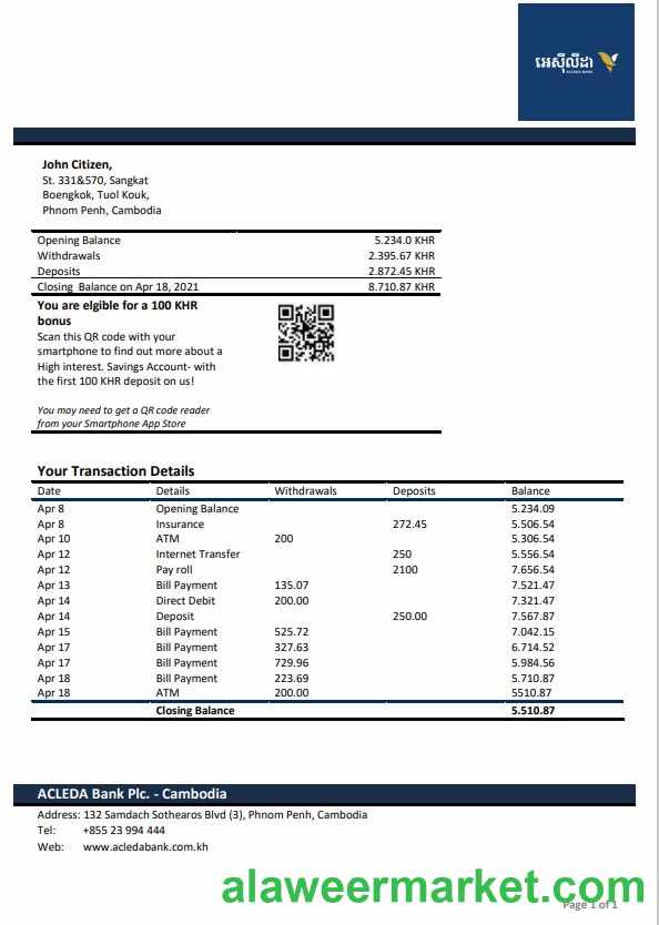 Cambodia Acleda bank statement Word and PDF template